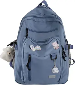Cute Aesthetic Backpack for School Middle Student Travel Blue Backpack Teens Girls Bear Pin Book Bags