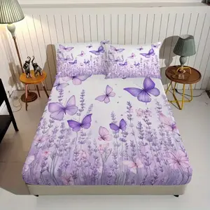 3-Piece Butterfly Lavender Bedding Set (1 Fitted Sheet + 2 Pillowcases), Durable Polyester Fiber, Soft Breathable
