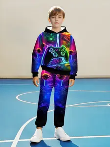 Boys' Neon Gaming Hoodie Set, Glowing Controller Print, Drawstring Sweatpants, Casual Spring & Fall