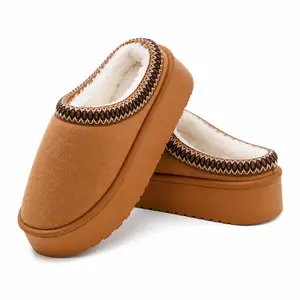 Genuine Suede Platform Slippers Plush Faux Fur Lined Cozy Mules Indoor Outdoor Comfort Shoes
