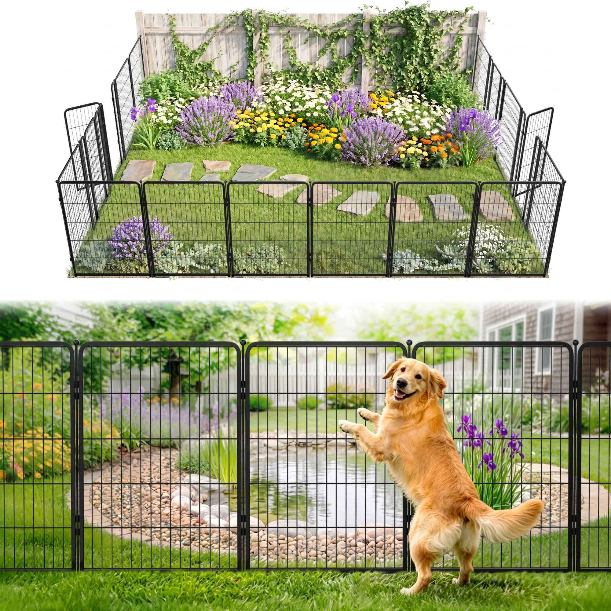 FXW No Dig Garden Fence, Outdoor for Yard, Heavy-duty Metal Animal Barrier, Dog-friendly, Flower bed protection, Flexible layout, Decorative