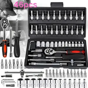46-Piece Car Repair Tool Set Includes Ratchet Wrench Drill Bits Drive Sockets Extension Bars Essential for Automotive Maintenance Mechanical Repairs Tool Box Hand Tools