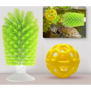 Turtle Tank Cleaner & Decor Set (2-Pack) - Suction Cup Algae Scrub Brush + Aquarium Ornament. Essential Turtle Habitat Accessories for Easy Cleaning & Tank Enrichment