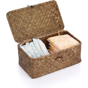 Small Wicker Basket with Lid Rectangle Woven Baskets for Toiletries Tampon,Wicker Basket with Lid,Decorative Seagrass Baskets for Shelf Table, Coffee