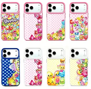 Shopkins cartoon print phone case, featuring a sleek Color Silver finish, compatible with iPhone 11-17 Pro Max/Plus and Samsung Galaxy S23-25.