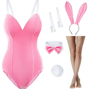 Women Velvet Bunny Costume Bunny Girl Suit Costume Senpai Cosplay One Piece Bodysuit Stockings Set