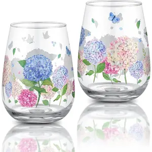 2 count Floral Stemless  Glasses 17oz Hydrangea Drinking Cups Glasses Spring Summer Floral Butterfly Tumbler Cups for Women Men Party Supplies Gifts Kitchen Decorations Gifts