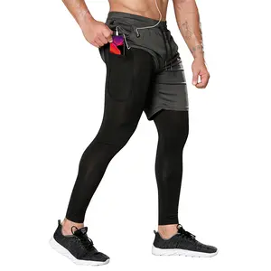 AYJKSEVEN Men's Running Pants with Pockets, 2 in 1 Compression Pants with Shorts Quick Dry Athletic Tights for Gym Workout