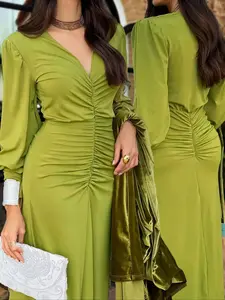 Elegant Women's Solid Color Ruched Woven Long Sleeve Dress, Casual Fashion for Spring & Fall, Comfortable Fit, Perfect for Daily Wear