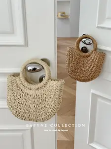 Handmade Minimalist Beach Bag: Rattan Woven Semi-circular Shoulder Crossbody Bag for Women- Minimalist Semi-Circular Straw Bag - Perfect for Beach Trips,Street Style Fashion