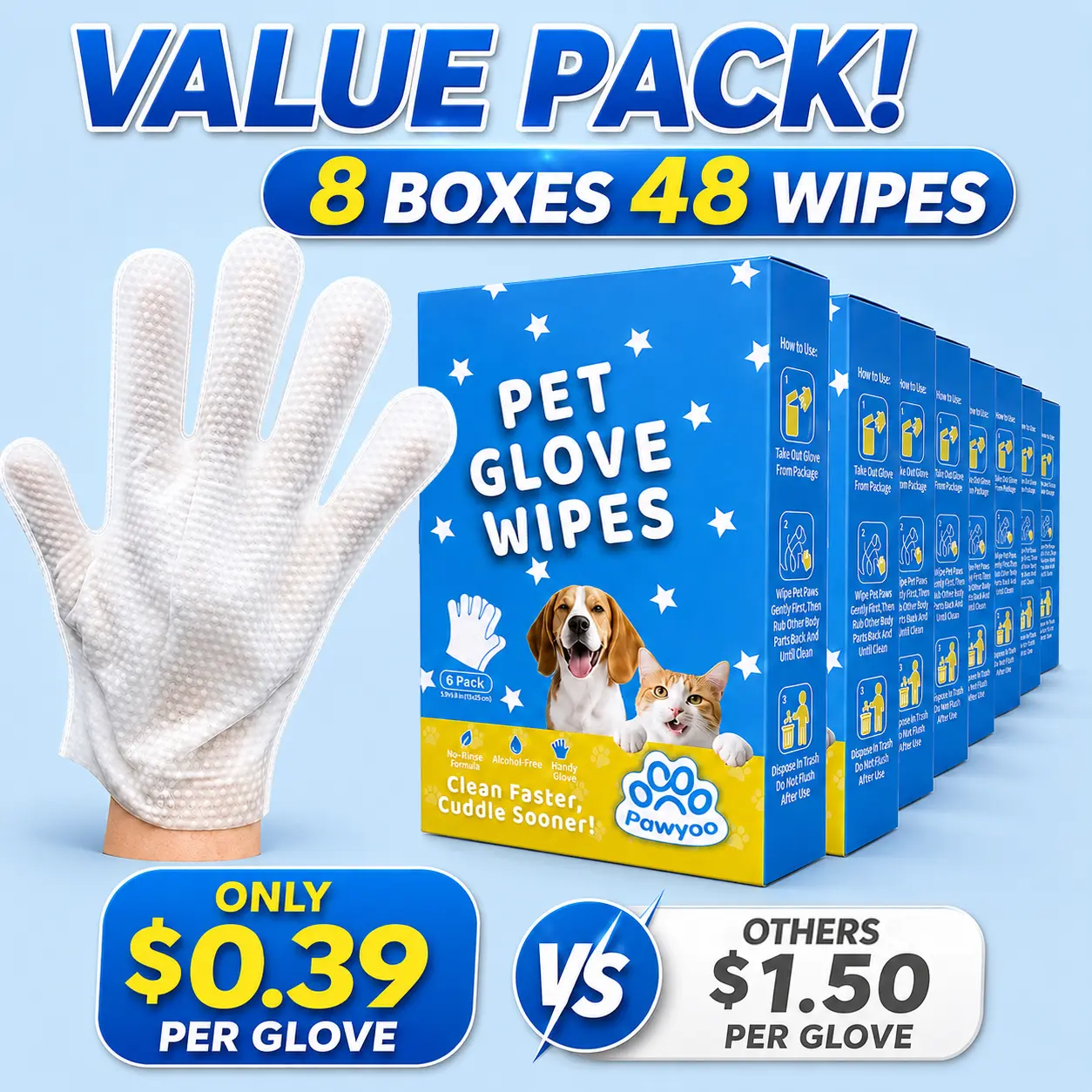 Disposable Pet Glove Wipes, No-Rinse Formula, Hypoallergenic, Double-Sided, Gentle on Skin, Moisturizing, Deep Cleaning, Dirt Removal, Shed Hair & Dander Collector, Deodorizing, Non-Greasy, For Dogs & Cats, All Pets, Disposable & Hygieni, 3D Textured Deep