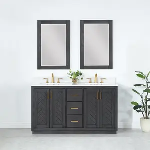 Altair Design Gazsi 60" Double Bathroom Vanity Set in Brown Oak with Grain White Composite Stone Countertop