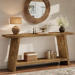 TRIBEWOOD 70.9'' Solid Wood Console Table, Narrow Long Sofa Table Behind Couch with 2-Tier Storage, Farmhouse Entryway Table for Living Room, Hallway, Foyer