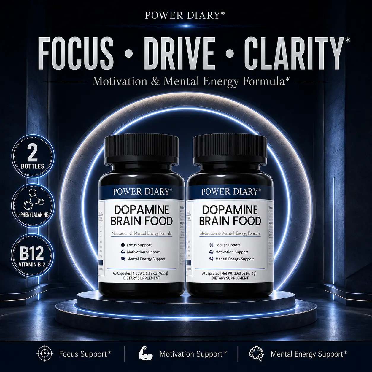 POWER DIARY Dopamine Brain Food, Dopamine Supplements & L-Tyrosine Supplement with L-Phenylalanine, Taurine, TMG, Vitamins B6 & B12, Focus & Mental Energy Support, 60 Capsules