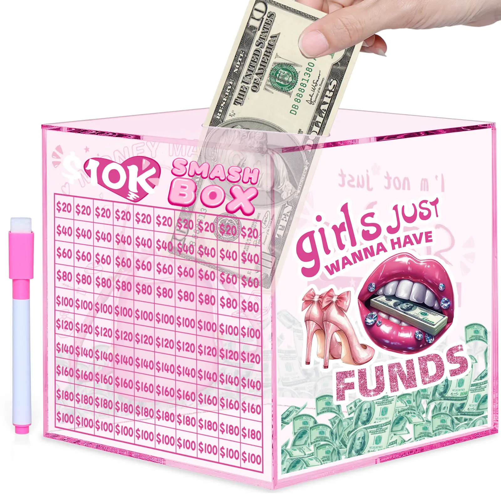 10k Smash Box for Money, Large Piggy Bank for Adults 10000 Savings Challenge Box, Money Saving Box for Cash, Big Unbreakable Clear Acrylic Money Saver Must Break to Open (Pink)