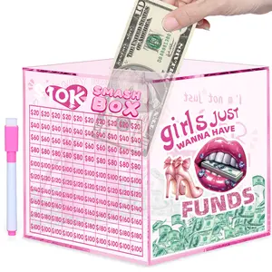 10k Smash Box for Money, Large Piggy Bank for Adults 10000 Savings Challenge Box, Money Saving Box for Cash, Big Unbreakable Clear Acrylic Money Saver Must Break to Open (Pink)