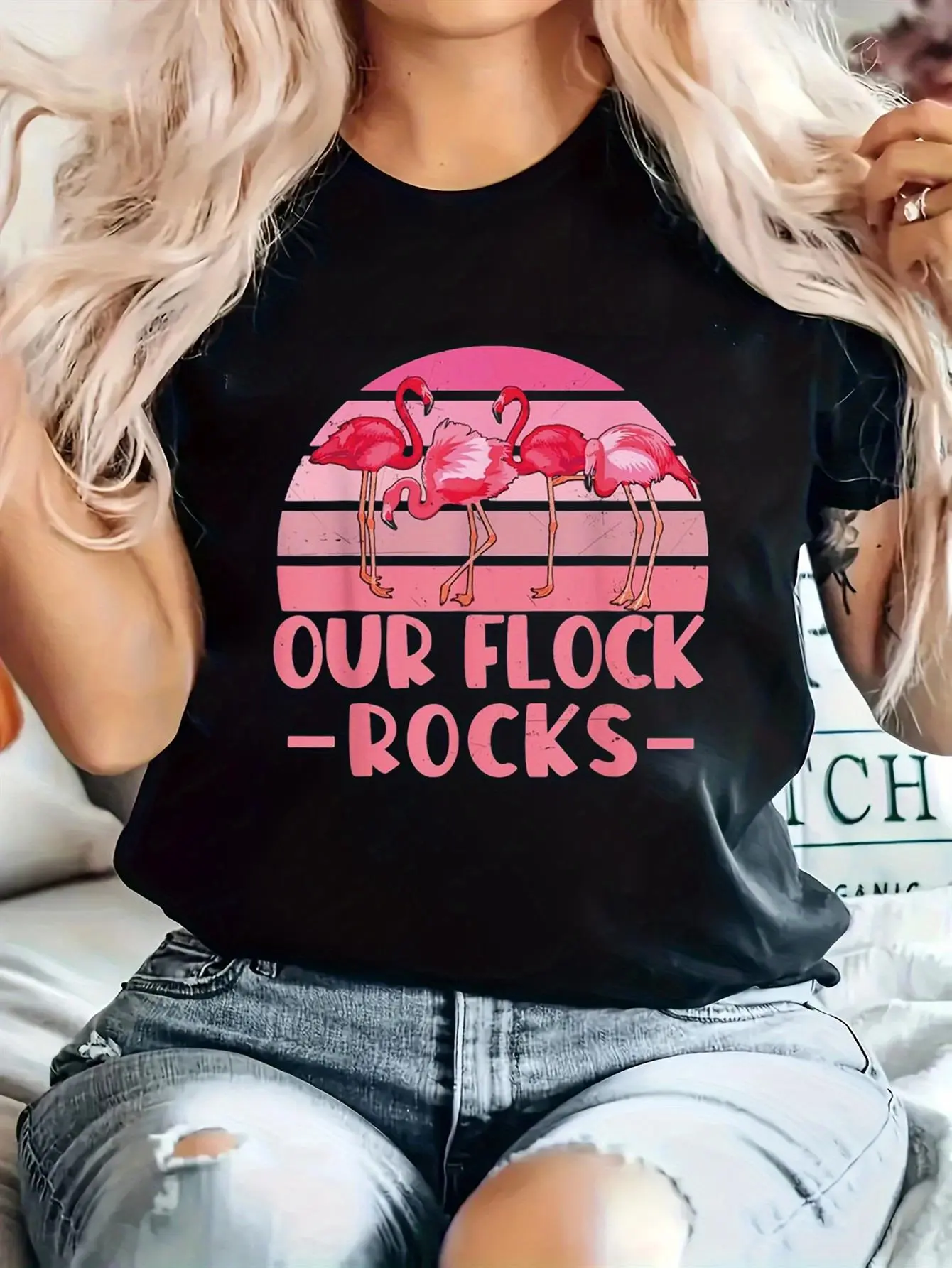 Women'S Our Flock Rocks Flamingo Graphic Tee - Black Casual Round Neck Shirt Featuring Pink Text & Tropical Motif, Medium Stretch, Machine Washable for Spring/Summer Getaways & Family Activities, Flamingo Top, Vacation Apparel, Fun Design