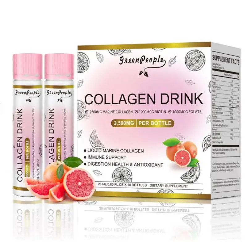 High Concentration Fish Collagen Liquid Dietary Supplement - 2500mg Peptides, Hyaluronic Acid, Vitamin Bs, C, Scientific Ratio, Beauty, Skin Care, Portable, Ready to Use After Opening (0.85 fl oz, 10 Bottles, Grapefruit)