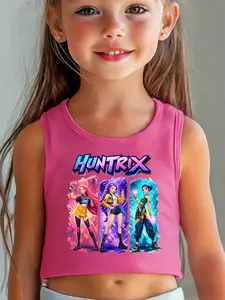 Girls Kpop Demon Hunters Series Summer Vest, Huntrix Member Cyberpunk Cartoon Print, Casual Outdoor Short Tank Top, Comfortable Elastic Fabric, Outdoor Activities