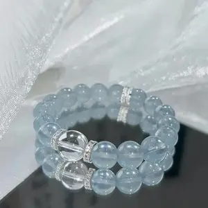 Natural Blue Chalcedony 12mm Double-Layer Beaded Bracelet with Clear Quartz Accent and Sparkling Pavé Spacers | Icy Blue Statement Crystal Stretch Jewelry for Women | Minimalist Layered Gift for Best Friend, Mom, Birthday
