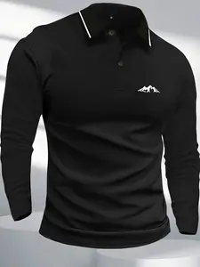 Men's POLO shirt long-sleeved T-shirt lapel polo shirt retro versatile classic mountain print men's daily outing casual sports light business running suit top