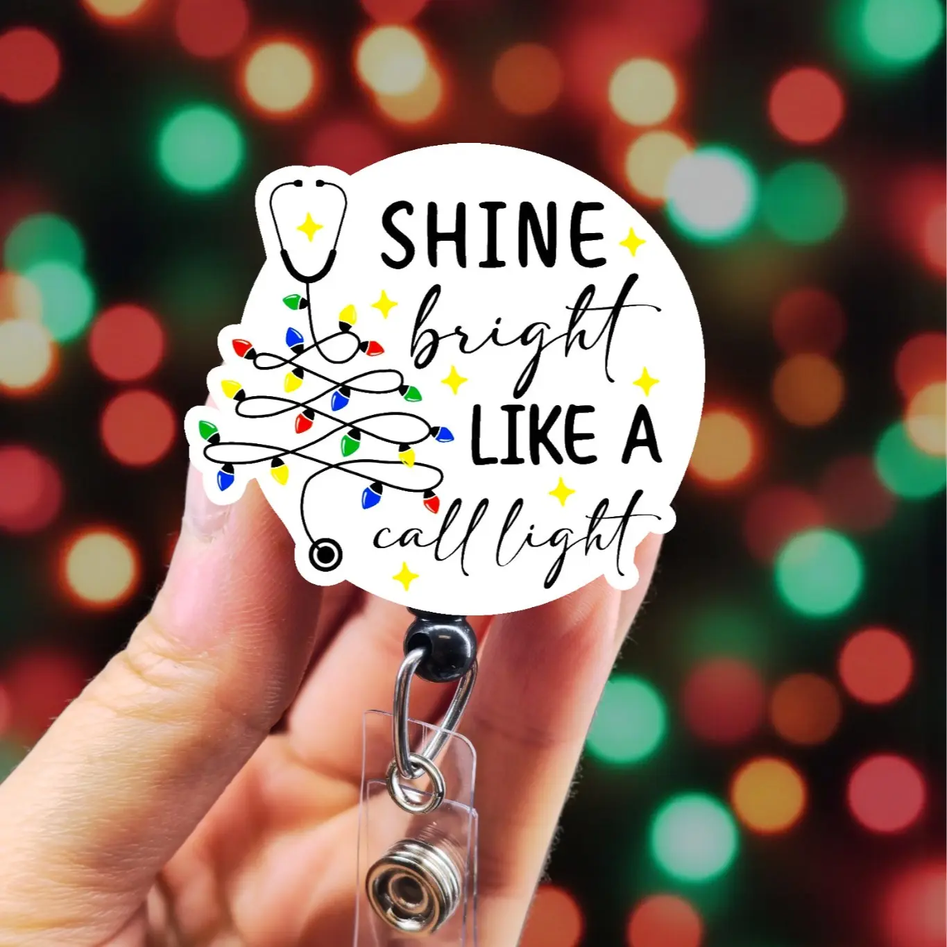 Shine Bright Like a Call Light Badge Reel, Christmas Badge Clip, Holiday ID Holder, Cute Badge reel for nurses, xray techs and hospital workers. CNA Badge Reel, Retractable swivel clip with a 360 rotation.  Badge pull