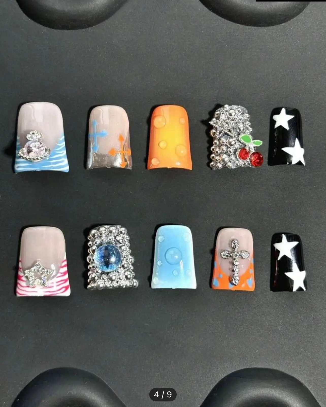 Y2K Style Handmade Duck Nail Tips Set - 10pcs with Neon Blue, Orange Dip, French Edge, 3D Water Droplet, Pink Stars, Lollipop & Charms