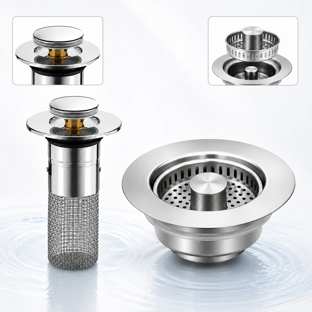 Upgraded 304 Stainless Steel Sink Stopper 3 in 1 Kitchen Sink Drain Strainer, Anti-Clogging Sink Food Catcher Basket,Bathroom Mesh Hair Catcher for 0.8-1.3 Inch Holes