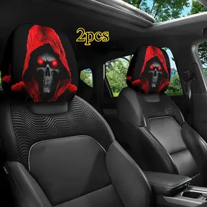 2-piece package, dark night skull red robe printed pattern car head pillowcase, car decoration, Car accessories, easy installation and cleaning, relieving driving fatigue, suitable for long-distance self-driving and couple dating scenes