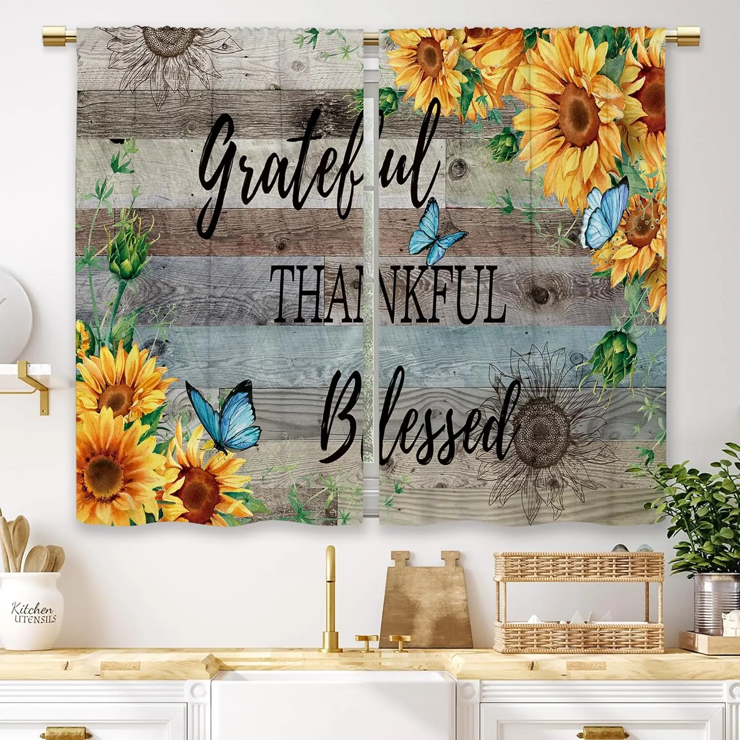 Farmhouse Sunflower Kitchen Curtains Rustic Teal Wooden Small Short Cafe Window Curtains Quote Country Flower Rod Pocket Bathroom Window Drapes Treatment Tier Curtains 2 Panels (27.5x39 Inch)