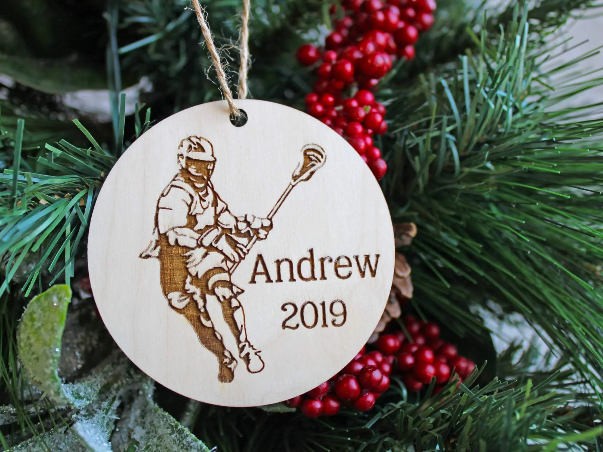 Lacrosse Player Christmas Ornament Wood - Personalized Name Year