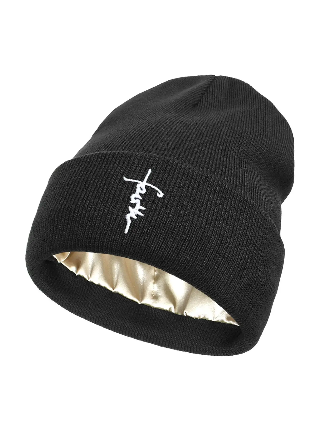Letter Embroidery Satin lining Beanie Hat, Casual Winter Warm Knit Hat for Women & Men, Fashion Accessories for Daily Wear