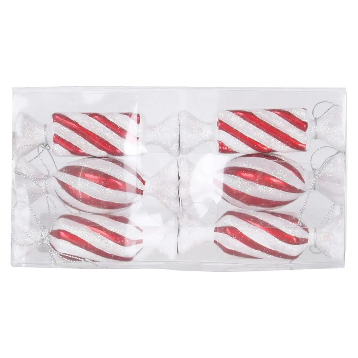 212 MAIN 4 in. Red & White Plastic Candy-Look Glitter Christmas Decoration Ornaments, 6-Piece Boxed Set, Six Pieces
