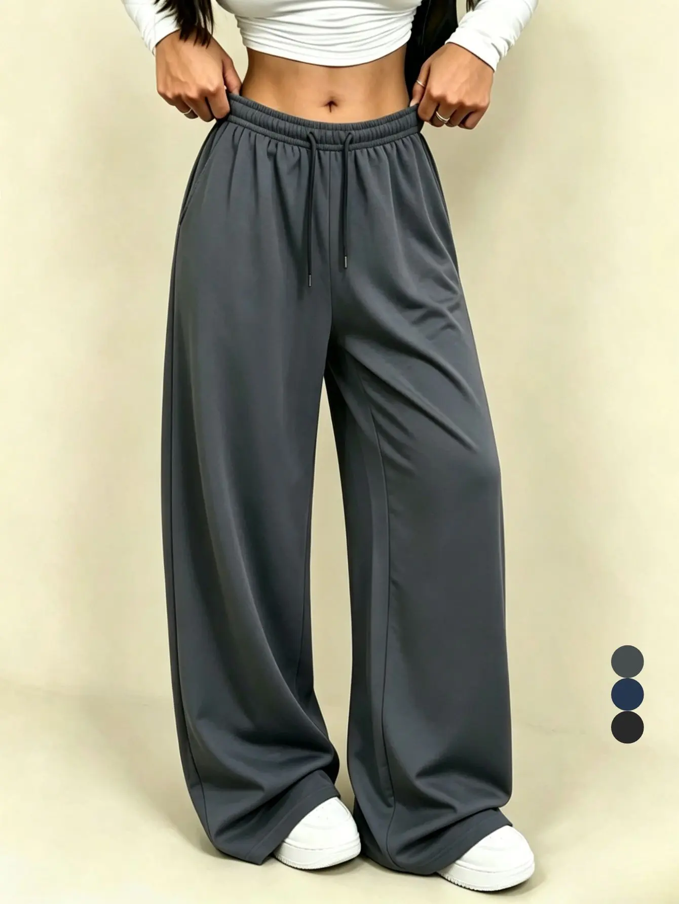 Women’s loose, drapey wide-leg casual pants — elastic drawstring, high waist, slimming straight-leg athletic long pants