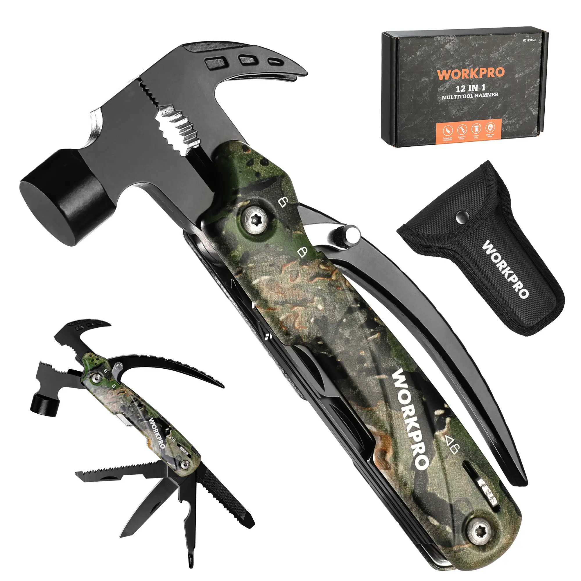 #fathersdaygift WORKPRO Multitool-12 in 1 Camping Tools with Mini Hammer-EDC Gear Multi Tools Hammer with Safety Lock and Pouch-Mini Multitools Gifts for Men and Women-Camouflage