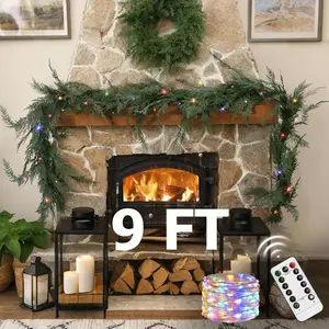 Giggle Christmas Cedar Garland Realistic with Lights - Cypress Decorations 9ft for Mantle Lighted Faux Pine Garlands for Xmas Home Decoration Indoor Stairs Railing Fireplace 9 Ft Outdoor Prelit Door Decor