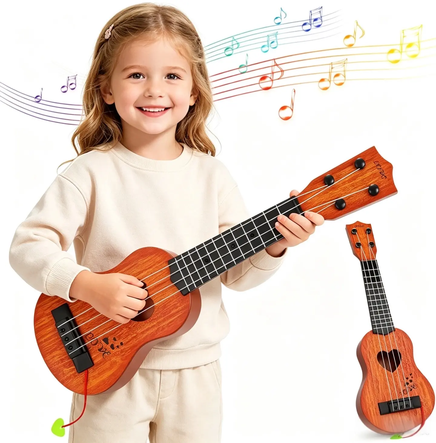 Classical ABS Plastic Ukulele for Kids - Finger-Safe Mini Toddler Guitar Toy with Pick, 4 Carbon Nylon Strings, Rhythm-Focused Educational Musical Instrument for Preschoolers Ages 3-6+, Encourages Creativity, Brown, Ideal for Birthday/Christmas Gifts, Dev