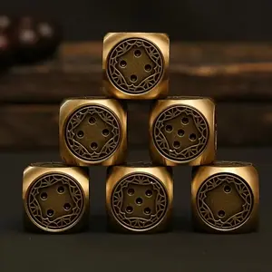 Vintage Hand Polished Brass Dice Ornaments, 6pcs Set for Living Room Decor, Antique Copper Artwork, Perfect for Holiday Parties Gatherings