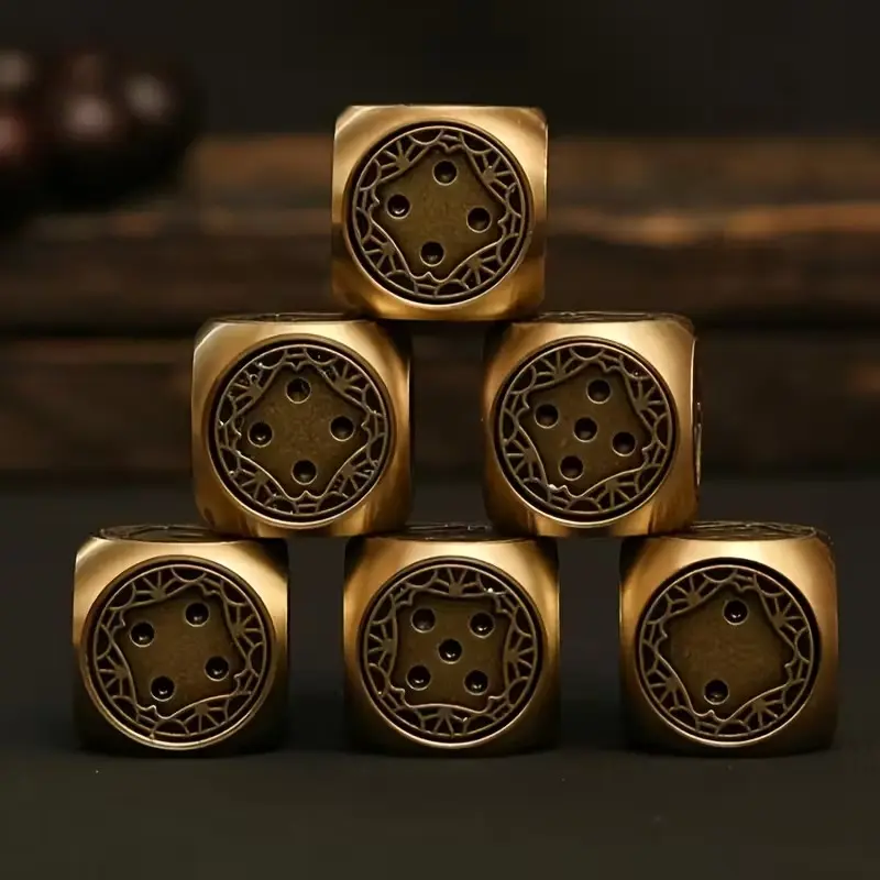 1 Set | 6pcs Vintage Hand Polished Brass Dice Ornaments, Suitable for Living Room Desktop Decoration, Antique Copper Artwork, Perfect Choice for Halloween/Christmas/Thanksgiving Adult Party Games