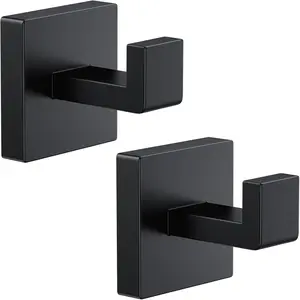2 PCS Towel Hooks for Bathroom, Wall Mount Towel Holder, Black Matte Wall Robe Hook, Square Stainless Steel Door Hanger for Kitchen, Bedroom, Hotel, Pool, Coats