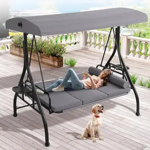 Outdoor Porch Swing with Canopy and Stand, 3 Person Patio Swing for Adults, Convertible 2 in 1 Porch Bed Swing with Cup Holder, 3 Seat Swings with 2 Pillow Cushions for Garden, Yard Adjustable Rattan Hanging Basket Chair
