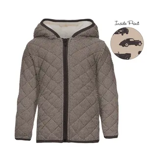 Print Quilted Jacket with Sherpa-Lined Hood in Herringbone/Burlap Vintage Cars