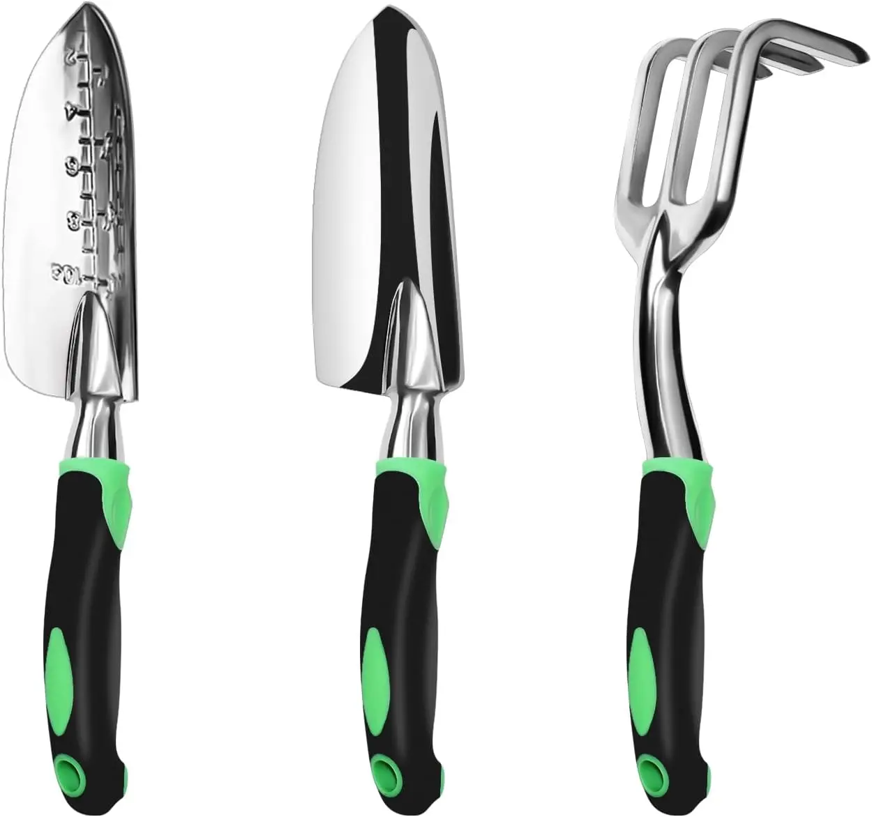 3-Piece Alloy Metal Garden Tool Kit - Heavy-Duty Polished Aluminum Set with Ergonomic Soft Non-Slip Rubber Handles, Hand Trowel, Transplant Trowel, Cultivator Rake, Hanging Hole, In/Cm Compatibility, Durable Garden Maintenance Gift, 3-Piece Kit