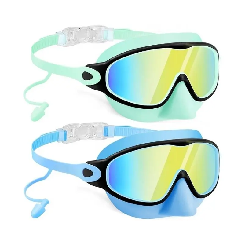 New Kids Swimming Goggles Swim Glasses Water Goggles with Earplugs, Large Anti-Fog UV Protection, Unisex Ages 3-15, 2-Pack, Swim Goggles Set, Pool Goggles, Ideal for Boys and Girls, Swimming Accessories