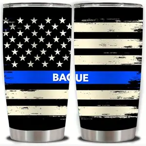 20oz "Back the Blue" Patriotic American Flag Art Stainless Steel Tumbler, Double Wall Vacuum Insulated Travel Mug with Thin Blue Line Design, Spill Proof Lid and Straw, Perfect Gift for Law Enforcement Supporters, Ideal for Christmas, Thanksgiving