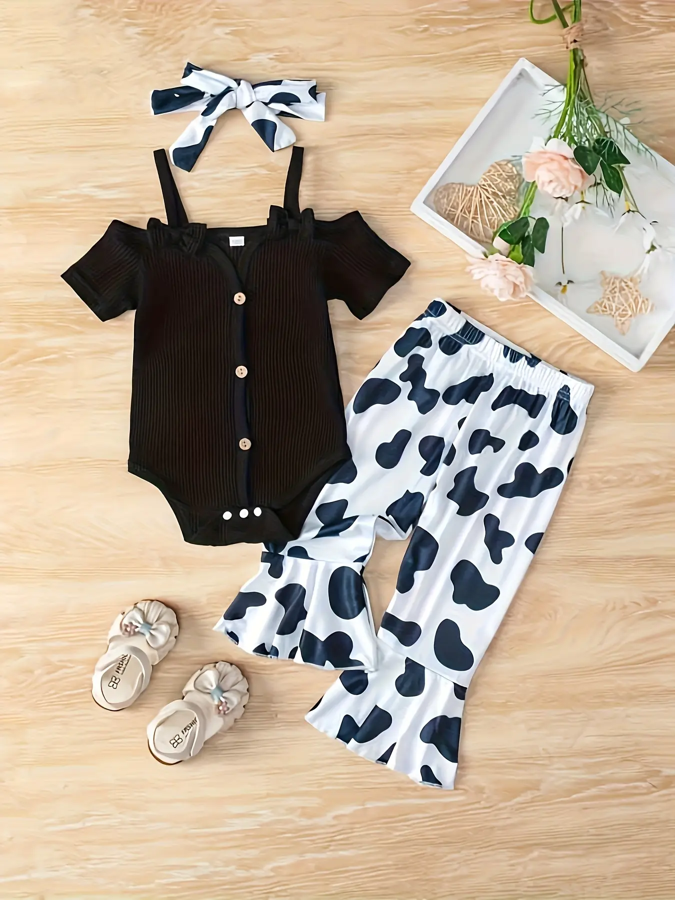 Baby Girl Bell Bottom Outfit Short Sleeve Off Shoulder Ribbed Romper Flare Pants Set Western Clothes