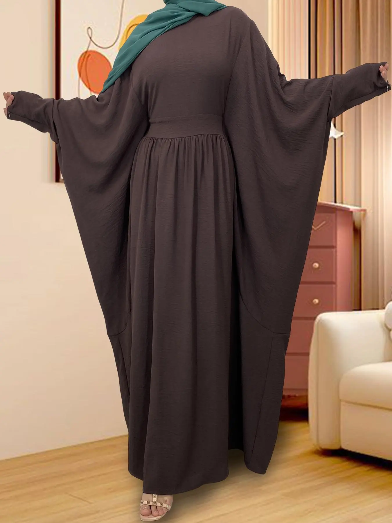Women's Solid Lounge Dress Caftan, Kaftan Dresses, Kaftan Style, Batwing Sleeve Kaftan, Casual Comfy Long Sleeve Dress for Daily Wear, Ladies Modest Sleepwear for All Seasons, Modesty Wear