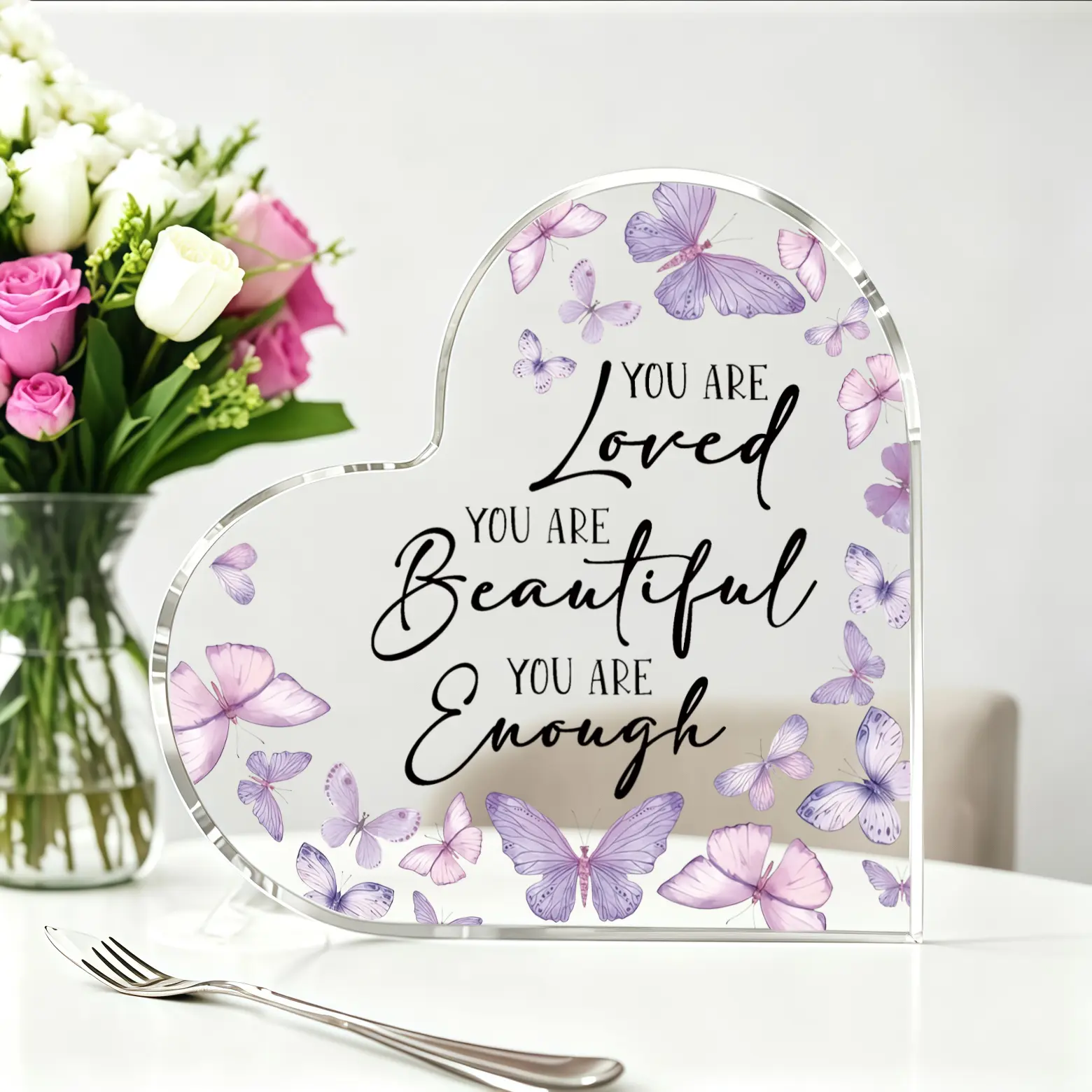 Heart Speciality Acrylic Plaque & Sign with Wooden Stand - Purple Heart-Shaped Butterfly, Positive Text Inspirational Home Decor Decoration, Self-Care Gift for Women, Holiday Desktop Ornament, Heart Speciality Plaques & Signs