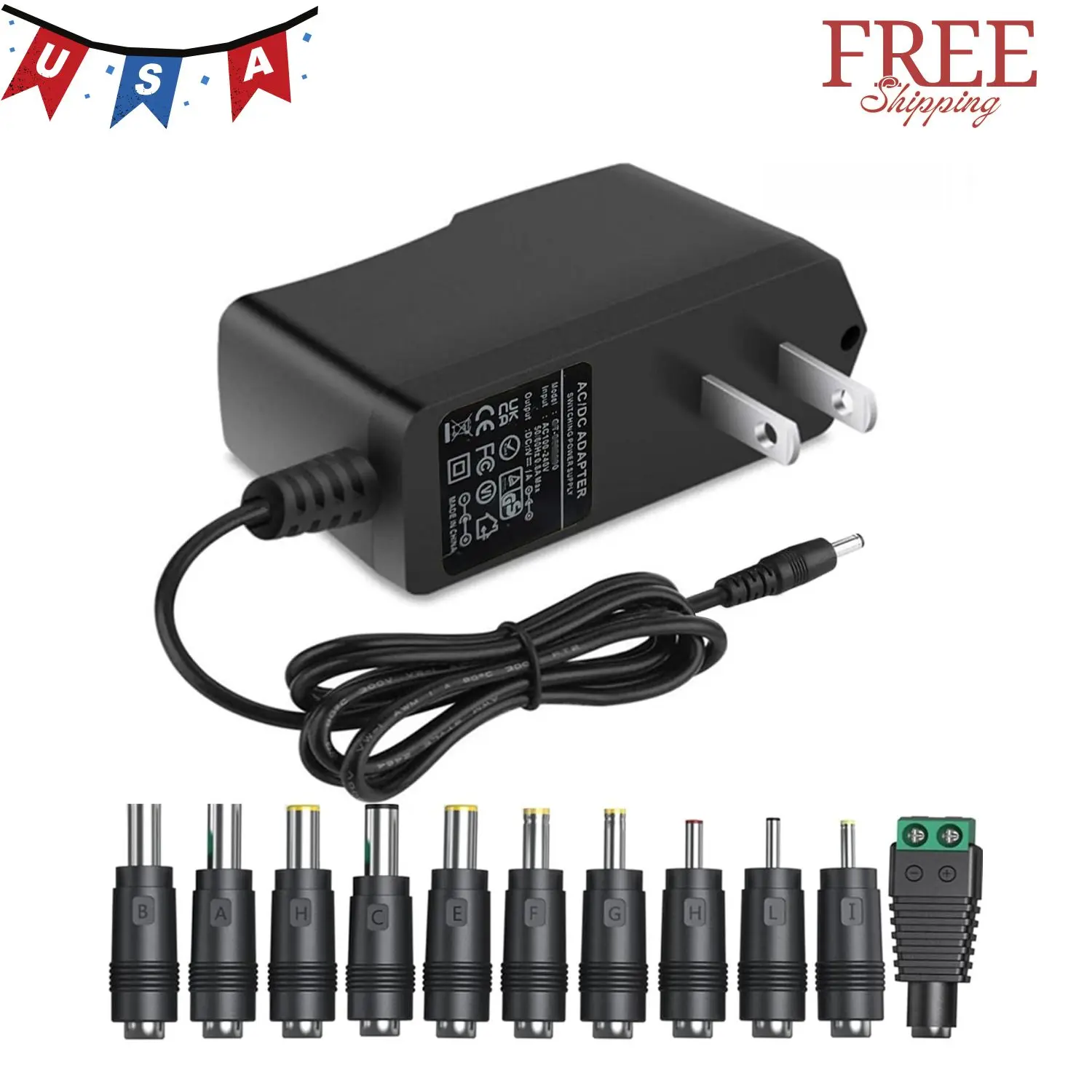 Power Supply 1A 12V AC Adapter with 11 Changeable DC Plug Tips