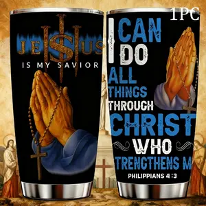1 Pc 20oz double wall skinny insulated mug vacuum Tumbler, leak proof thermal cup, keeps hot 12 hours and cold 24 hours, Jesus is my Savior praying hands design, I can do all things through Christ quote, Christian gift for women and men, church holiday